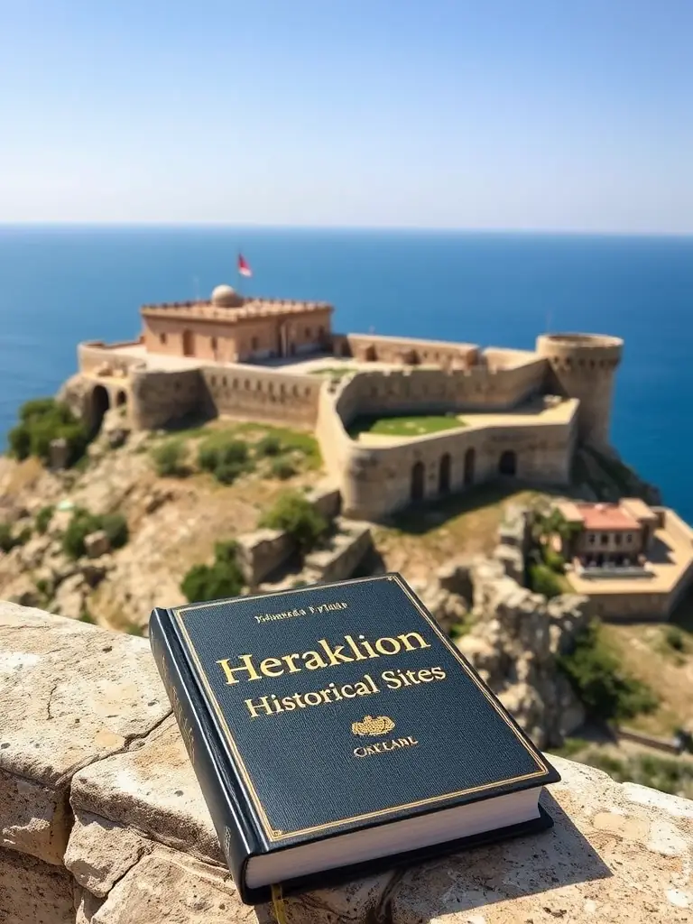 A photograph of a historical site in Crete with a Candia AMKE book about the site placed in the foreground, symbolizing the promotion of Cretan heritage.