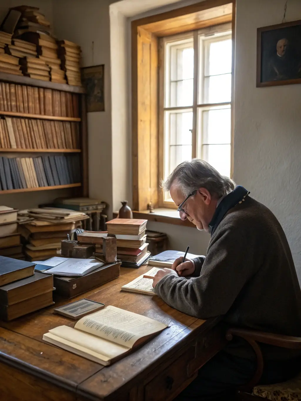 An editor meticulously reviewing a manuscript with annotations, surrounded by reference books and historical documents, representing the expert editing services of Candia AMKE.