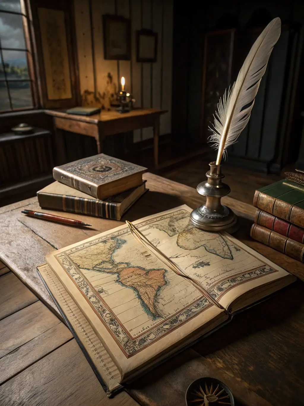 A high-quality printed book with a detailed map of Crete on the cover, placed on a wooden desk with antique writing tools, symbolizing the high production standards of Candia AMKE.