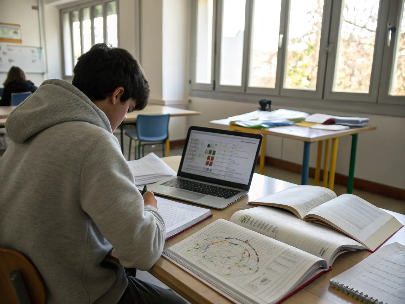 An image of a translator working on a document, with language books and dictionaries surrounding them. The scene conveys a sense of scholarly dedication and linguistic expertise.
