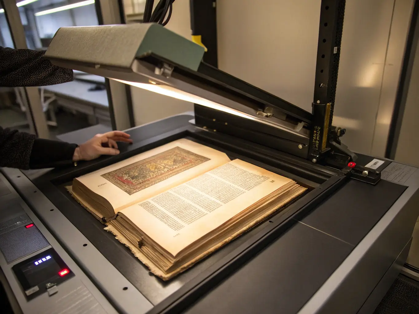 A detailed photograph of an archivist carefully digitizing an old manuscript, showcasing the meticulous process of preserving historical documents. The setting is a well-lit archive with shelves of ancient texts in the background.